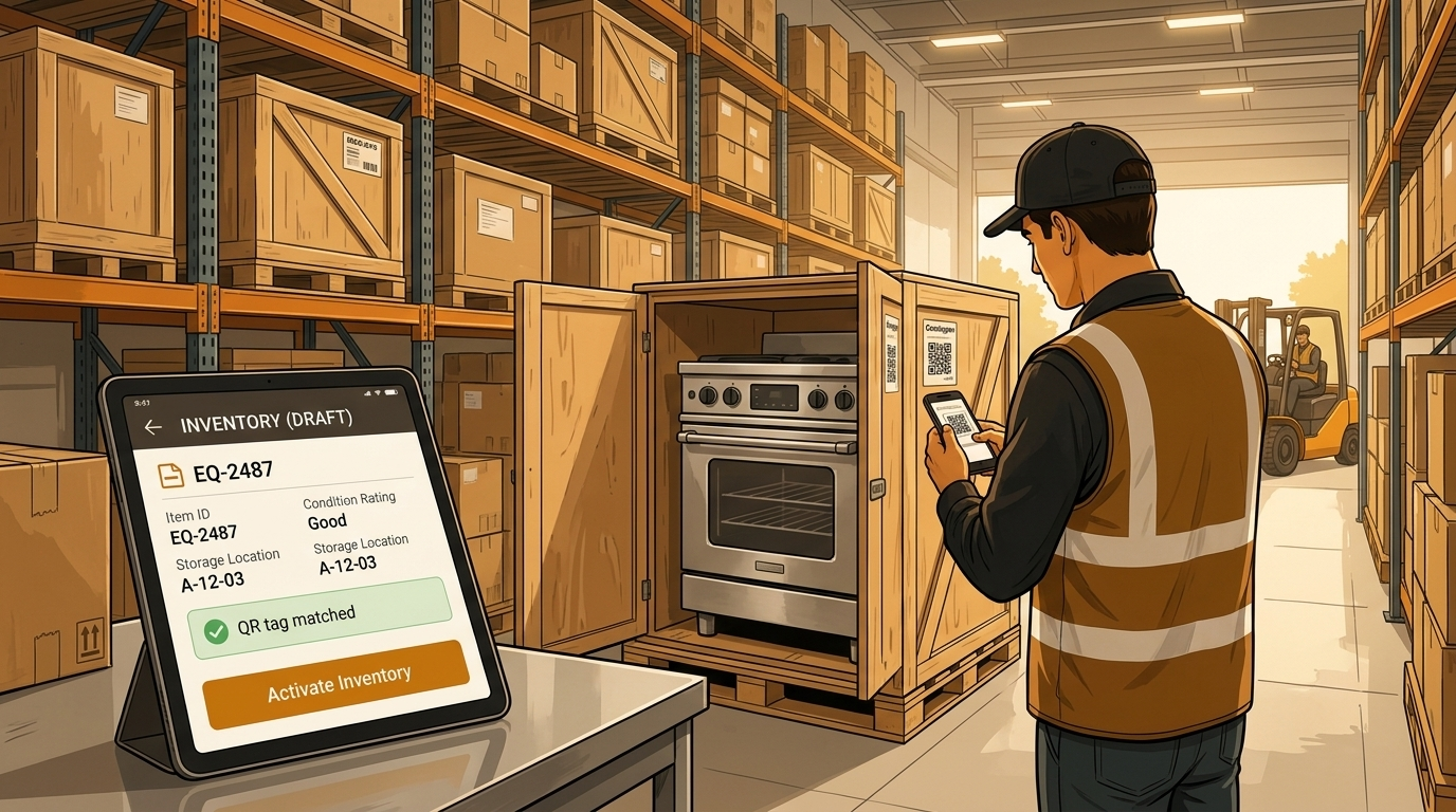 Warehouse worker scanning a QR label to assign a storage bin location to used equipment inventory