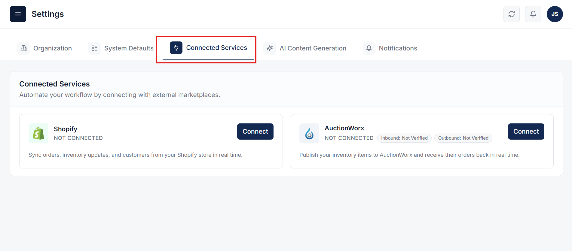 Connected Services Tab - AuctionWorx Connect Button