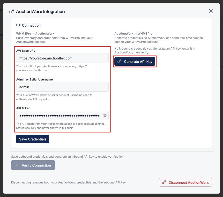 AuctionWorx Connection Popup - Credentials Form